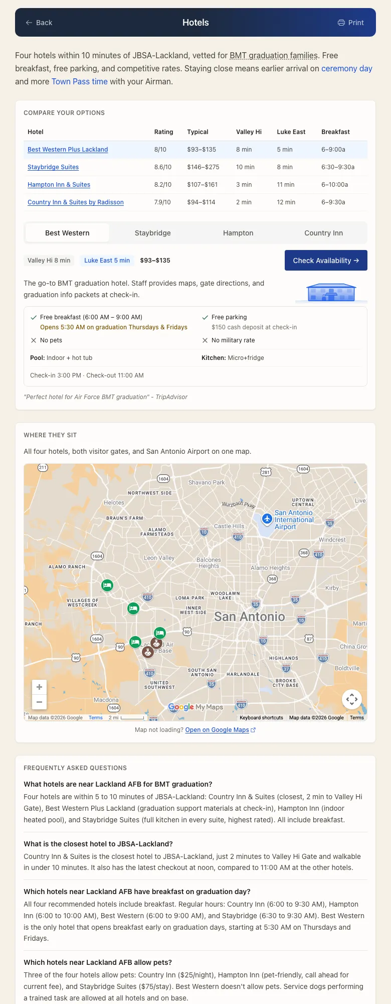 BMT Grad Week - Four vetted hotels near JBSA-Lackland compared by rating, price, and distance to both gates, with a map and the site's go-to pick highlighted. Hotel commissions fund the free guide, so families book at the same rate they would find direct.