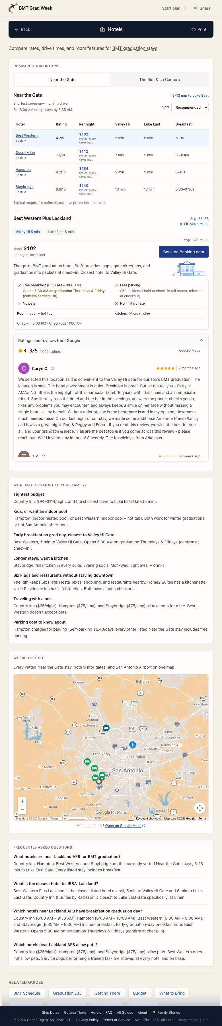BMT Grad Week - Hotel prices and ratings are live data now. The comparison table quotes real Booking.com totals with taxes for each stay, and visitors who haven't picked a date see a typical graduation week about six weeks out instead of a hand-typed range. Expanding a hotel pulls its current Google rating and reviews on demand. A second tab covers The Rim and La Cantera.