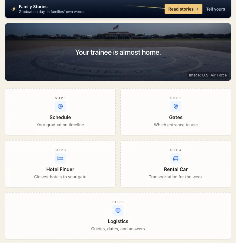 BMT Grad Week - The home page opens with a Family Stories banner, then the five things every family works through: schedule, gates, hotel finder, rental car, and logistics. Each one is a tap into the guide.