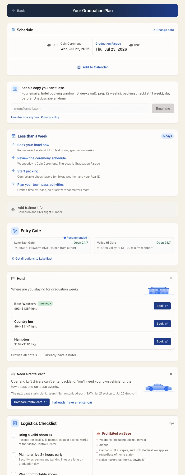 BMT Grad Week - One input runs the whole guide. Enter a date and the plan page fills in the ceremony schedule with weather, entry gate options, three hotel picks, a rental car link, and a graduation-day logistics checklist, with Add to Calendar and an email signup on the same screen.