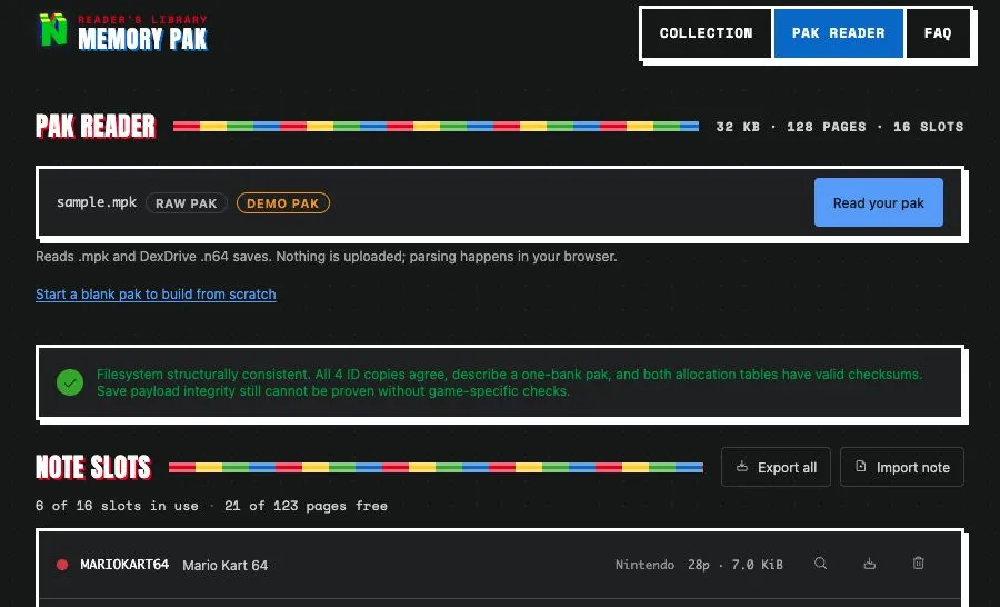 Drop in a real Controller Pak save and every note decodes: names in the console's own character set, resolved game titles, the publisher, and the page footprint of each save.