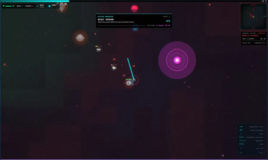 Each contact is an authored directive with a named formation, tracked targets, and an explicit reward. Source-side hit brackets, a local hull pulse, damage numbers, and the health rail make incoming pressure readable without shaking the cursor-aimed arena.