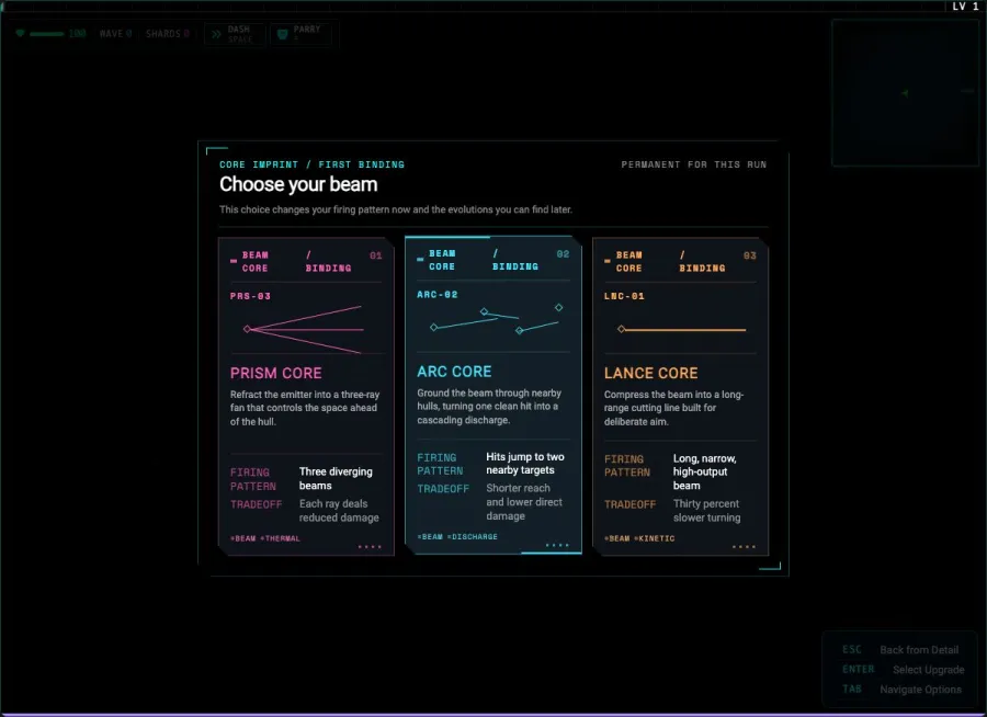 Every run binds one of three weapon blueprints before first contact. Lance, Prism, and Arc cards preview their real firing geometry, doctrine, build tags, and permanent trade-off before later drafts evolve the selected core.