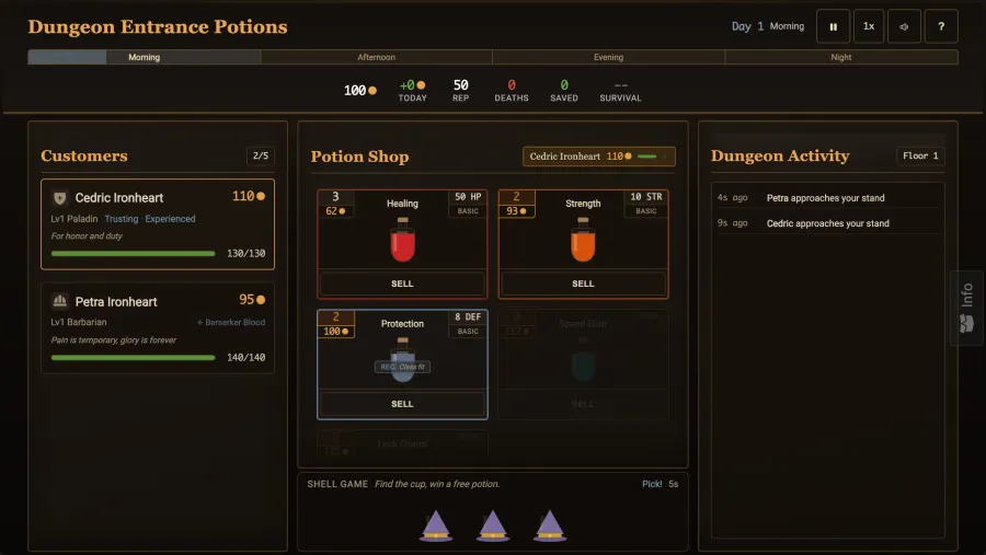 A few rounds in: customers show up with classes, budgets, and traits, you price or dilute each potion, and the dungeon-activity log narrates the result live. Looting, fighting, deaths, and the reputation hits when someone waits too long and walks off.